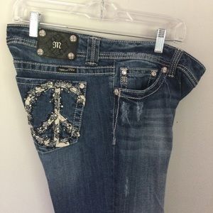 Miss Me Peace Sign Distressed Jeans Waist 36”